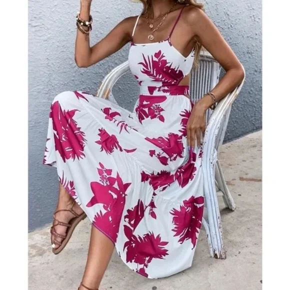 Boho Green Floral Tropical Leaves Cut out Cami Ruffle Dress - Picture 3 of 11